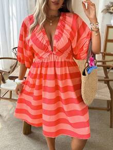 Vionelle Plus Size Women's Deep V Neck Knee Length A Line Dress Orange Plaid Batwing Sleeve Frill Details - Orange - View 5