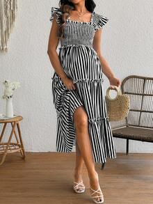 SHEIN Black And White Striped Summer Casual Maternity Photoshoot Dress,Shirred Flutter Sleeve Zebra Vacation Dress,Chic Resort Wear,Business Casual Dress - Black - View 4