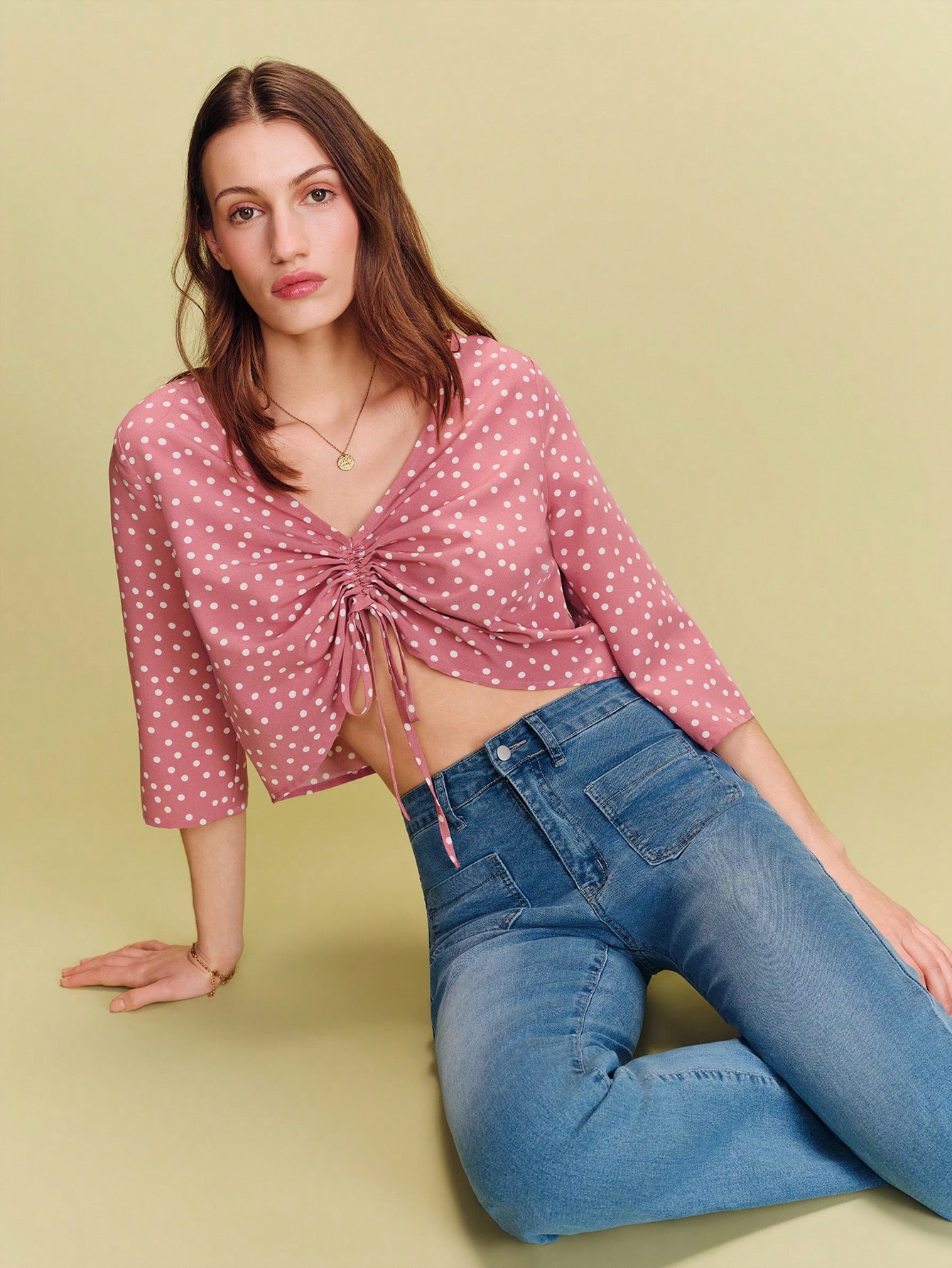 Printed Top With Deep V Neckline And Ruched Front Tie Spring Summer French Style Parisian Style Officewear Elegant Top Pink Summer Top Going Out