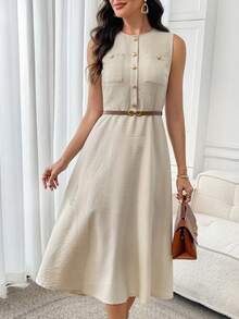 Miaspire Women's Solid Color Round Neck Elegant Office Midi Dress, Sleeveless,Summer Outfit For Women,Festival Outfits For Women,Elegant Dresses For Women,Work Outfits For Women,Summer Dresses For Women - Apricot - View 4