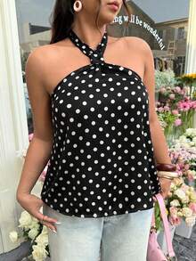 GalTyme 大码女式夏季复古沙滩度假黑白波点系带露背上衣 - 黑與白 - 查看 1