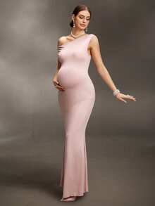 Cheriluna Maternity Asymmetric Shoulder Backless Tie Dress, Sexy Minimalist Maternity Photoshoot - Pink - View 5