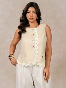 Juhart Plus Size Women Lace Elegant Camisole - Khaki - View 5