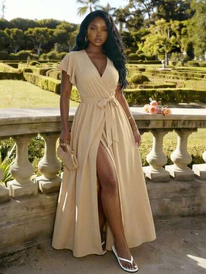 Slaydiva 早春新款，春夏音乐节，情人节，复活节，婚礼季，节日季，休闲优雅，通勤，日常穿着，工作装，度假，派对，邮轮，基础款，日常约会，V领，重叠领，荷叶边袖，短袖，交叉下摆设计，松紧腰，蝴蝶结腰带设计，浅卡其色连衣裙，女士长裙 -Z