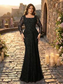 Aureia Plus Size Elegant Romantic Black Square Neck Sheer Long Sleeve Luxury Pearl & Rhinestone Waist Twist Ruffle Mermaid Hem Dress, Suitable For Wedding, Party, Formal Events, Gala (Heavily Embellished Design) - Black - View 9
