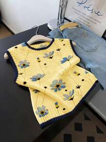 EMERY ROSE Plus Size Women's Yellow Autumn Cute School Back-To-School Fashionable Minimalist Casual Color-Blocked Trim Print Crew Neck Sweater Vest Outfits Fall - Yellow - View 5