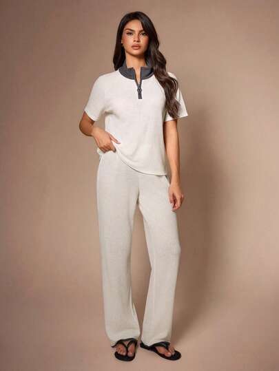 Lazeform Conjunto de pijama de mujer con pantalón y manga corta, de cuello alto con cremallera y bloque de color, conjunto casual de 2 piezas