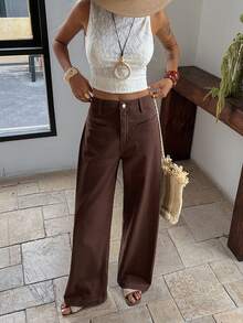 DAZY 女士宽松休闲纯棉纯色口袋牛仔裤，适合海滩、度假、春季穿着 - 咖啡棕 - 查看 5