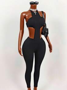 Slaydiva Women's Backless Halter Neck Fitted Denim Jumpsuit - Black - View 5