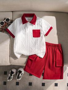 SHEIN 两件套男童夏季条纹纹理 Polo 衫和工装裤套装 - 紅色 - 查看 1