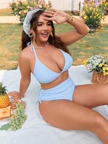 Swim Mod 2026新款加大码女式两件套随机条纹印花高腰抽绳休闲泳装套装 - 薄荷藍 - 查看 6