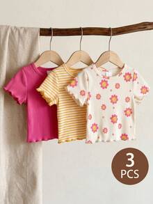 SHEIN 3件套女婴（6个月-2-3岁）甜美活力/清新少女风罗纹面料+花卉条纹印花+荷叶边短袖T恤，轻盈可爱，适合日常穿着、上学、生日派对、野餐、女婴节、春夏秋季等场合。 - 彩色 - 查看 4
