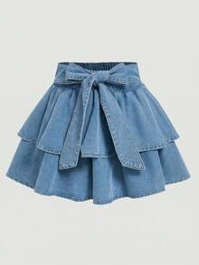 SHEIN MOD Plus Size Denim Mini Skirt With Bow Accent, Blue - Light Wash - View 1