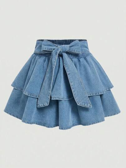 SHEIN MOD Chân váy denim cỡ lớn dáng ngắn, điểm nhấn nơ, màu xanh dương