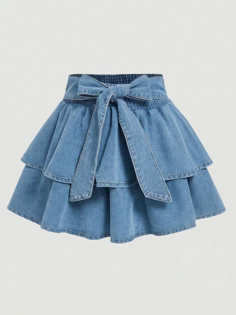 SHEIN MOD Plus Size Denim Mini Skirt With Bow Accent, Blue - Light Wash - View 1
