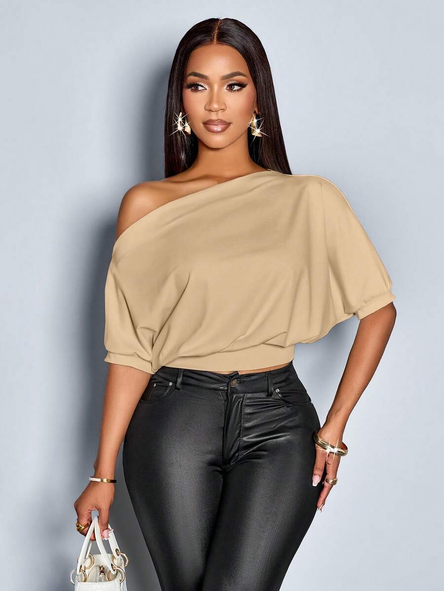 SOLERSUN Women's Solid Asymmetrical Neck Ruched Shoulder Tee - Khaki - View 1