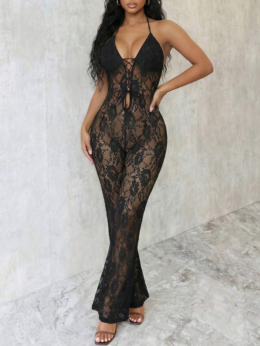 Eryvara Women's Black Lace Halter Tie Sheer Hollow Out Jumpsuit - Black - View 1
