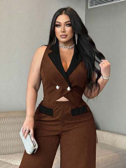 NU&NOW Áo blazer nữ cỡ lớn thanh lịch màu đen trắng tương phản, cổ áo hai hàng khuy, vạt áo bất đối xứng, kiểu dáng công sở thường ngày, bộ sưu tập Xuân/Hè mới.