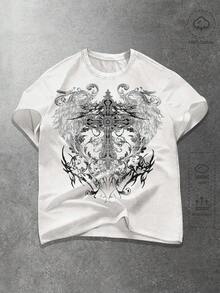 ROMWE MEN Goth Men's Casual Wing & Cross Print T-Shirt, Summer - White - View 3