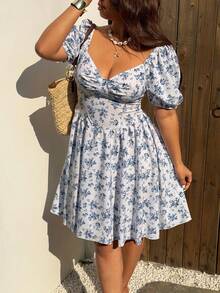 Sunnyshic 大码蓝色碎花灯笼袖收腰优雅度假连衣裙，春夏款 - 藍色 - 查看 7