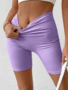 SHEIN Raffinéa 女士纯色高腰休闲百搭日常穿搭紧身短裤 - 紫色 - 查看 5