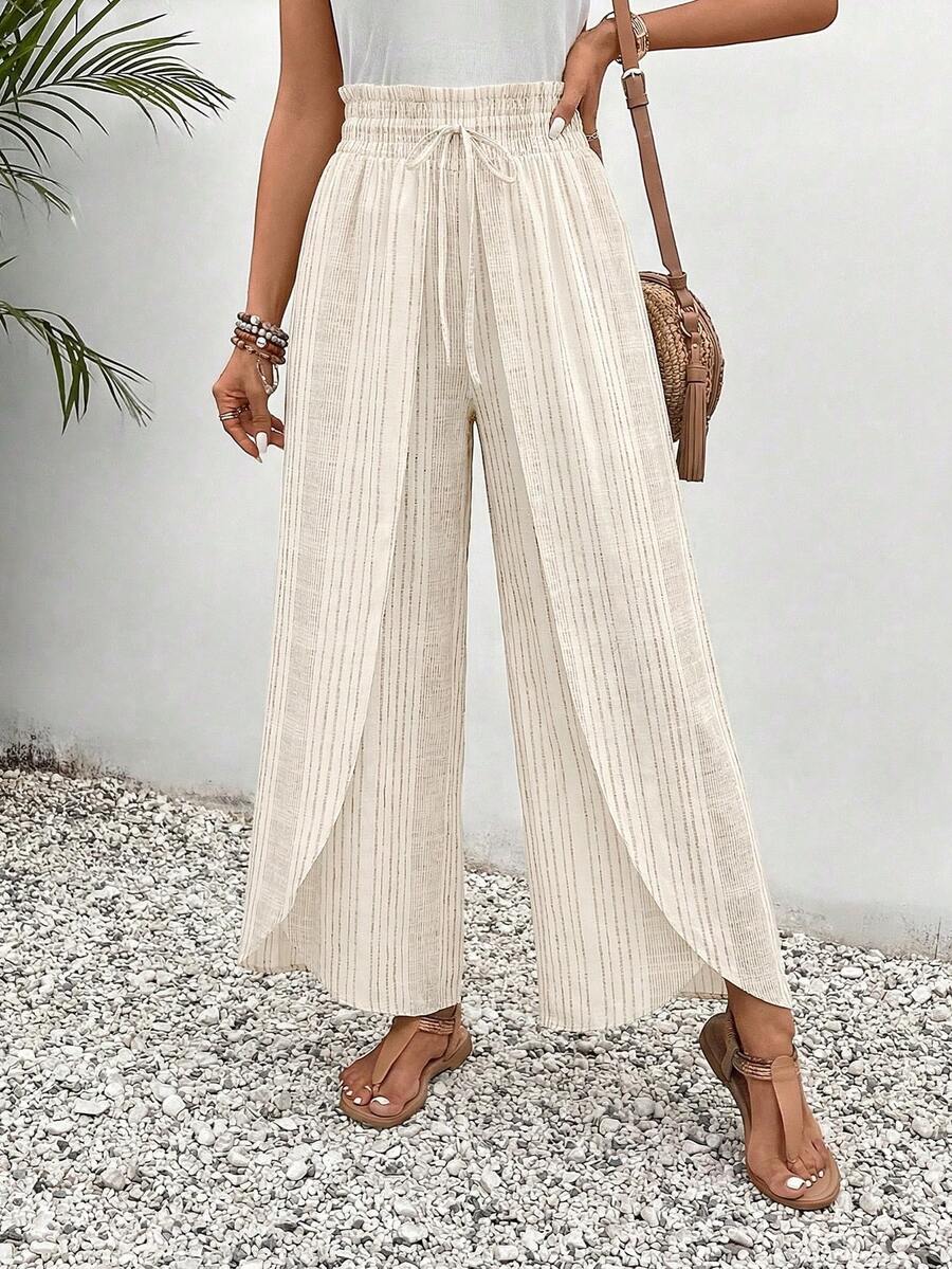 SHEIN Frenchy 女士纸袋腰抽绳直筒宽松条纹裤 - 彩色 - 查看 1