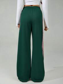 SHEIN Tall 女士弹力腰侧条纹阔腿宽松休闲运动裤，返校季 - 綠色 - 查看 2