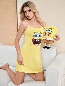 SpongeBob SquarePants | SHEIN 女士卡通印花休闲日常无袖睡裙 - 黃色 - 查看 1