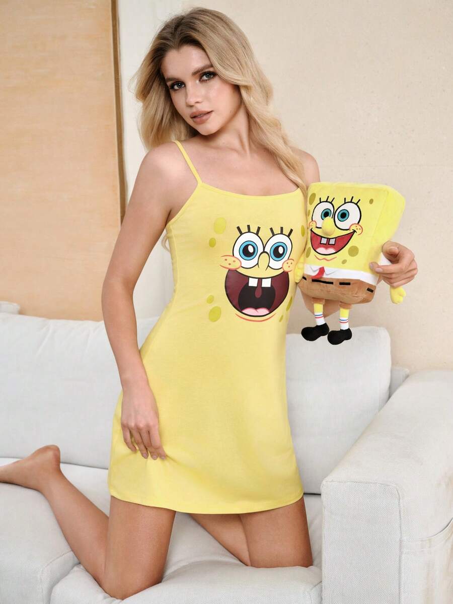 SpongeBob SquarePants | SHEIN 女士卡通印花休闲日常无袖睡裙 - 黃色 - 查看 1