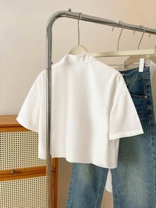 Resyla Camisa corta de unicolor casual de talla grande para verano - Blanco - Ver 2