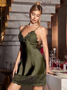 SilkySpell Áo ngủ hai dây gợi cảm dành cho nữ, viền ren và nơ, thích hợp mặc hàng ngày. - xanh quân đội - Xem 5