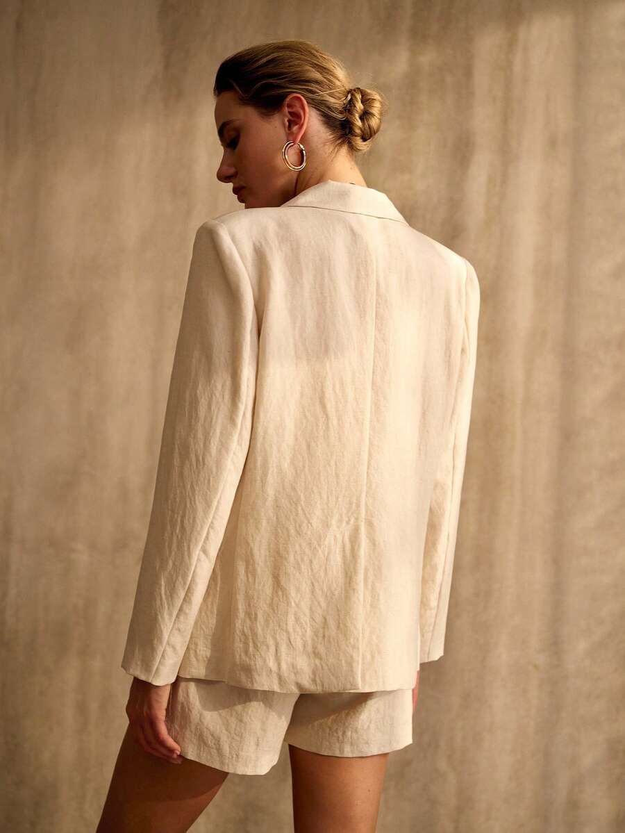MOTF PREMIUM 女士棉麻休闲西装外套，适合通勤和度假 - 杏色 - 查看 2