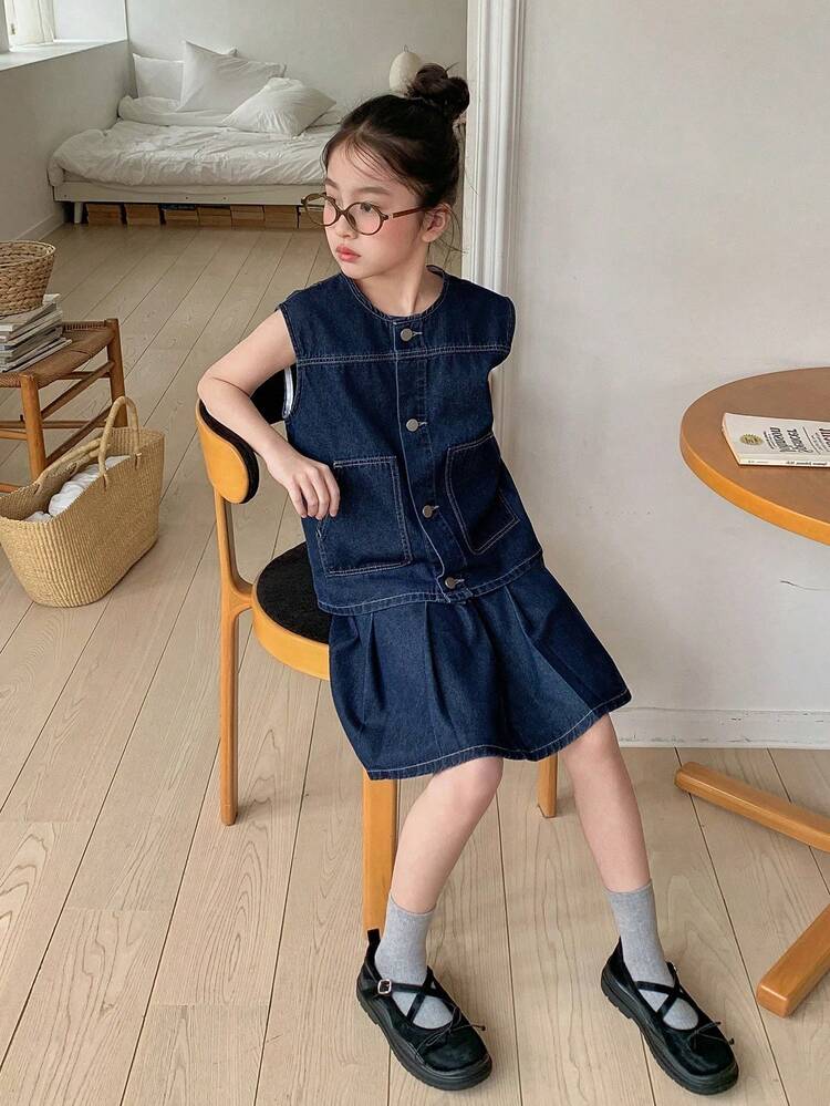Tween Girls Denim Vest & Short Sleeve Top With Denim Skirt Set