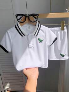 SHEIN Baby Boy Summer Cute White Short Sleeve Polo Shirt And Elastic Waist Shorts Set - White - View 9