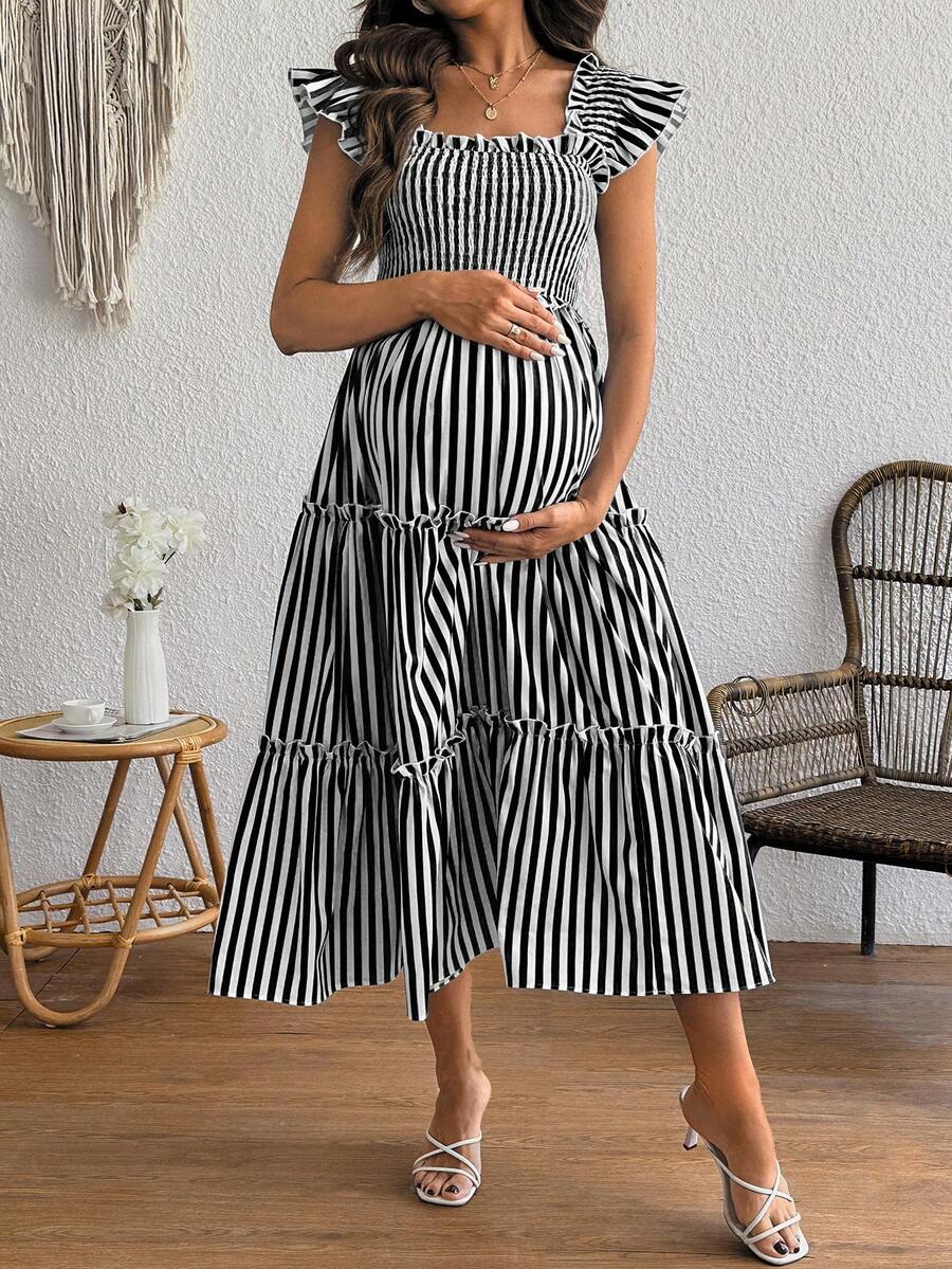 SHEIN Black And White Striped Summer Casual Maternity Photoshoot Dress,Shirred Flutter Sleeve Zebra Vacation Dress,Chic Resort Wear,Business Casual Dress - Black - View 1