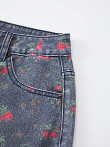 GlowEve Quần jeans nữ họa tiết hoa nhí có đai thắt lưng. - Rửa tối - Xem 7