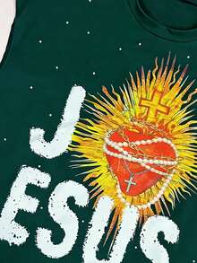 Manfinity Dauomo Mens Green Sleeveless Jesus Sacred Heart Graphic Print Tank Top With Pearl Embellishments - Green - View 6