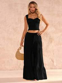 SHEIN Glamour Bộ đồ nữ thanh lịch, gợi cảm gồm áo hai dây màu vàng nhạt và chân váy xếp tầng lãng mạn, thích hợp cho kỳ nghỉ, dạo phố, hẹn hò và du lịch. - màu đen - Xem 7