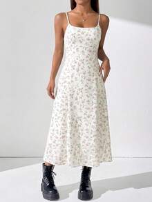 SHEIN EZwear 白色碎花编织吊带连衣裙，女士夏季连衣裙，新款连衣裙，野花连衣裙，女士连衣裙，长款休闲连衣裙 - 白色 - 查看 5