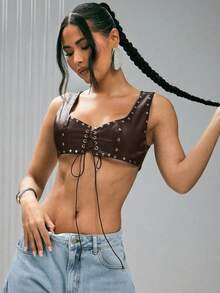 Denimoi Studded Lace Up Front Cropped Faux Leather Bralette Top Sexy Tops Concert Outfits Clubwear - Coffee Brown - View 5