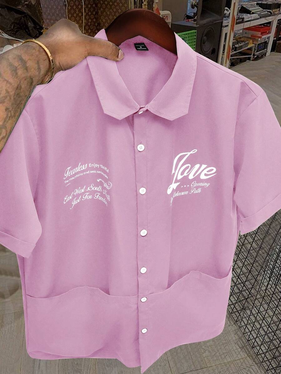 Manfinity Hypemode Men's Casual Short Sleeve Shirt,Light Pink,Summer,Graphic,Streetwear,City Break,Loose Box Silhouette,Pocket Design,Versatile,Commuting,Holiday Gift - Mauve Purple - View 1