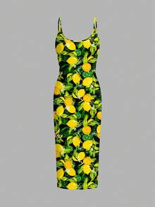 SHEIN EZwear Casual Minimalist Full-Length Tight Strap Maxi Dress, Lemon Print Pattern Suitable For Summer,Summer Dresses For Women - Multicolor - View 6