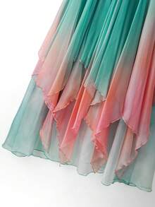 GlowEve 女士渐变绿粉V领吊带腰部拼接褶皱网纱雪纺不规则层叠飘逸优雅日常度假通勤音乐节时尚法式约会复古甜美无袖长裙，夏季新品 - 彩色 - 查看 3