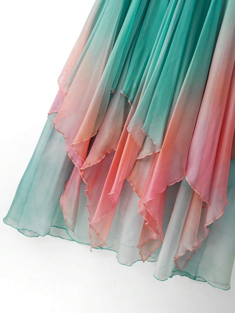 GlowEve Vestido Longo Elegante e Fluido com Alças Finas, Decote em V, Efeito Degradê Verde a Rosa, Cintura Franzida, Camadas Irregulares em Tule e Chiffon, Ideal para Uso Diário, Férias, Festivais de Música, Encontros, Estilo Retrô e Doce, Novidade de Verão - Multicolorido - Visão 3