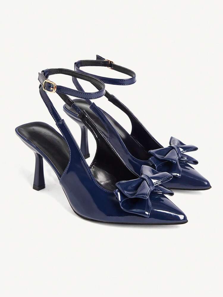 CUCCOO CHICEST Women's Pointed Toe High Heel Shoes With Double Bow Ankle Wrap, Elegant Romantic Sweet Style, Deep Blue Color, Suitable For Dates, Afternoon Tea, Commuting