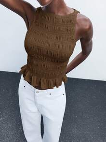 Maija 2022新款荷叶边下摆船领无袖修身衬衫，适合复活节、音乐节、婚礼、早午餐、机场、日常、派对、毕业典礼、休闲、百搭、露肩上衣、商务休闲女装、返校季 - 棕色 - 查看 4