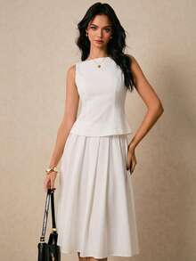 Poéselle 白色两件套，无袖上衣搭配A字中长裙，优雅夏季套装，简约时尚度假装，女士白色圆领背心和半裙休闲套装，法式两件套，2026新款，女士优雅套装，优雅高贵的正式休闲套装，女士连衣裙，女士正装，女士连衣裙，优雅经典 - 白色 - 查看 2