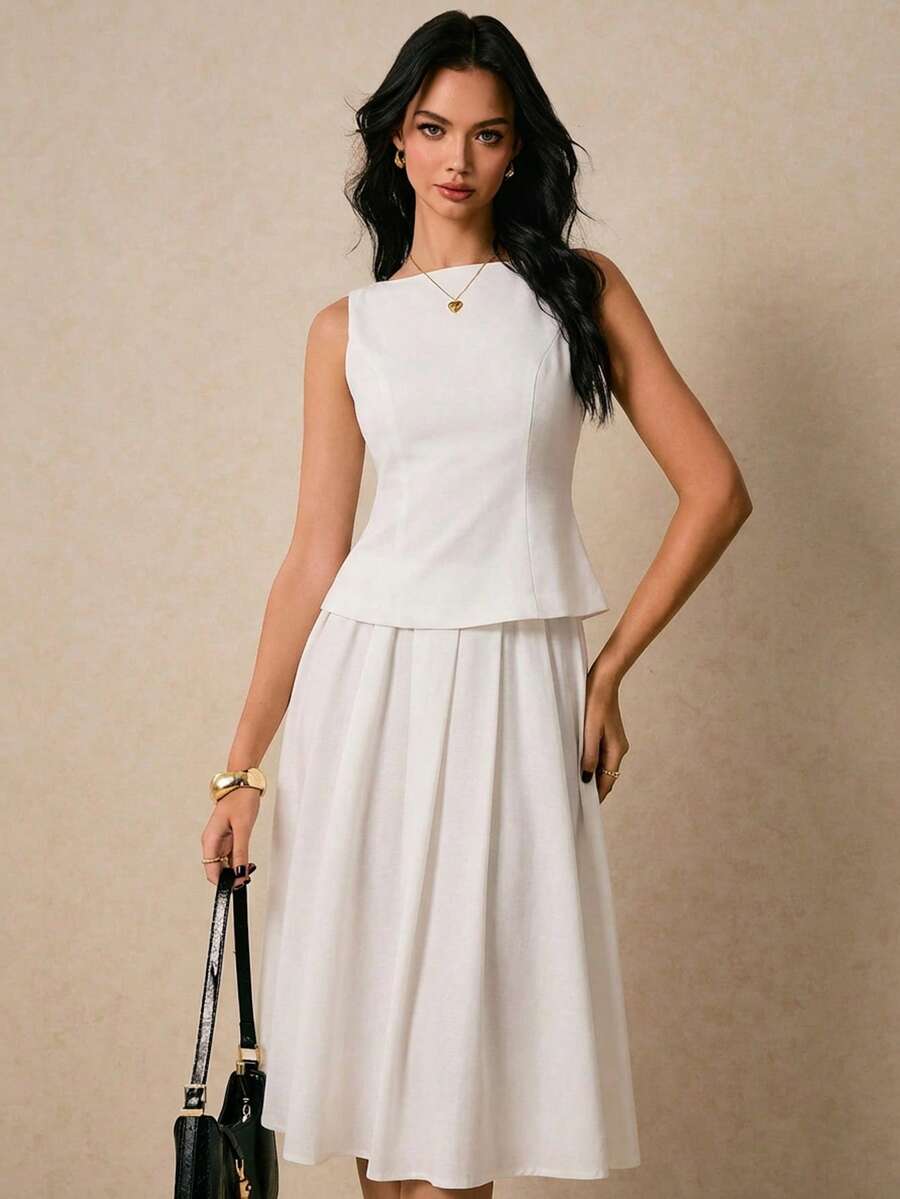 Poéselle 白色两件套，无袖上衣搭配A字中长裙，优雅夏季套装，简约时尚度假装，女士白色圆领背心和半裙休闲套装，法式两件套，2026新款，女士优雅套装，优雅高贵的正式休闲套装，女士连衣裙，女士正装，女士连衣裙，优雅经典