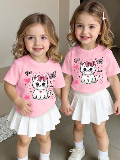Camiseta básica de manga corta con estampados creativos y lindos de gato, lazo, corazón, estrella, mariposa, cara y letra, para uso casual y cómodo diario de niñas bebé. Estilos cómodos para primavera, verano y otoño.