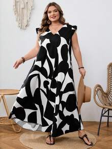 SHEIN CURVE+ Đầm ngắn tay cổ chữ V cỡ lớn, họa tiết hoa ngẫu nhiên, thích hợp mặc đi nghỉ hè. - Đen và trắng - Xem 6
